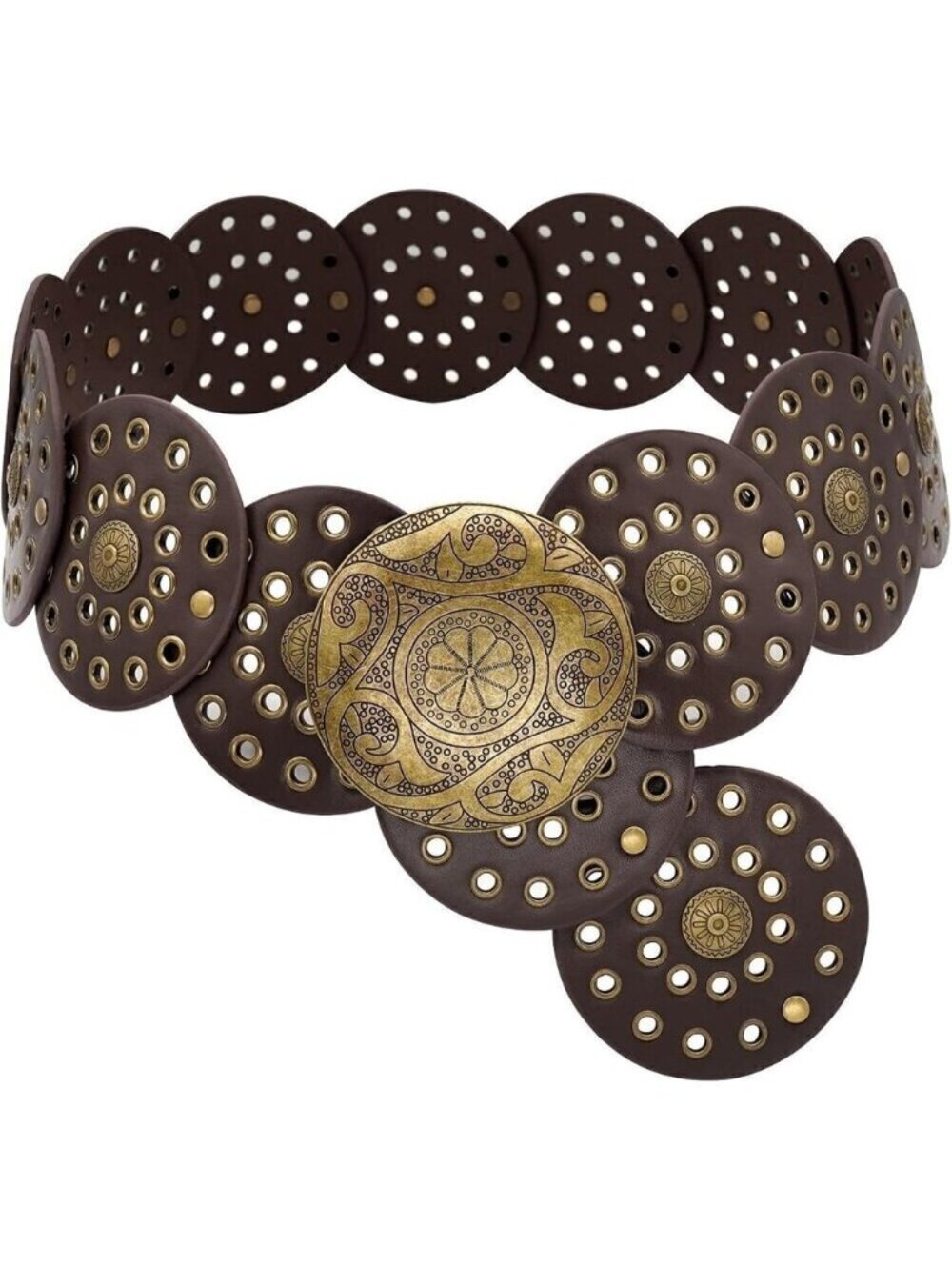 Wide Brown Disc Belt for Women Boho Concho Leather Belts Western Waist Belt